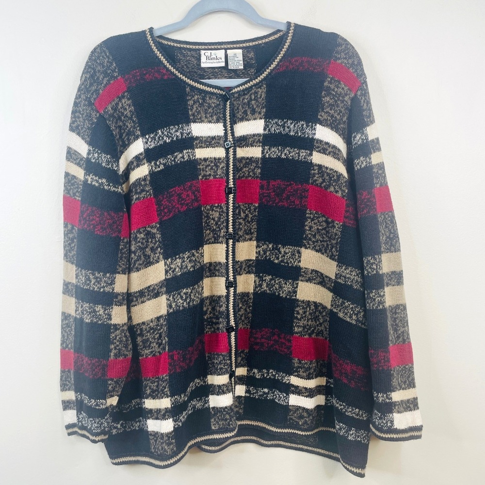 Vintage Plaid Cabin Cardigan Sweater Womens 3X Chunky Classic Holiday Button Up